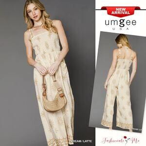 Umgee Smocked Detail Floral Print Square Neck Cropped Wide Leg Jumpsuit | Cream